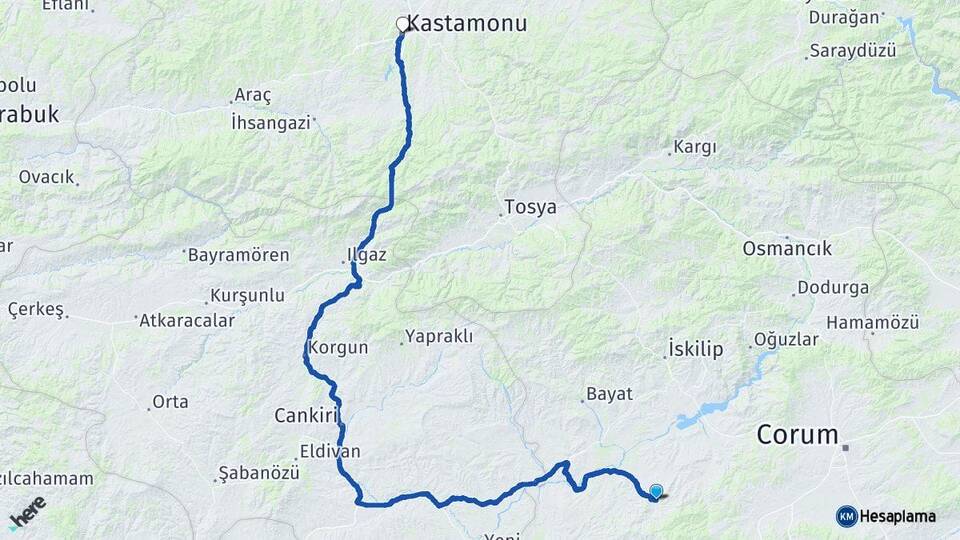 Çorum Uğurludağ Kastamonu Arası Kaç Km - Yol Haritası