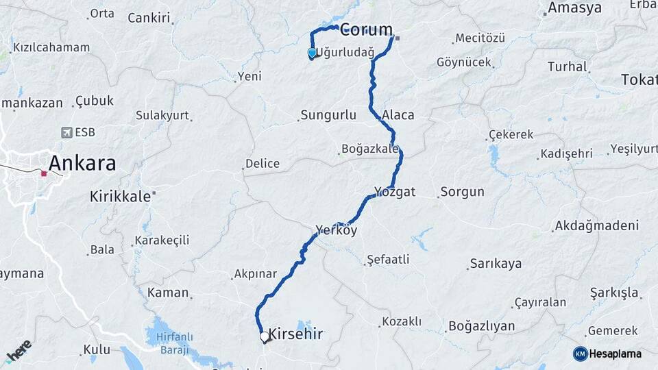 Çorum Uğurludağ Kırşehir Arası Kaç Km - Yol Haritası