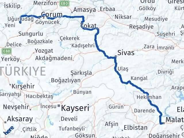 Çorum Uğurludağ Malatya Arası Kaç Km - Yol Haritası