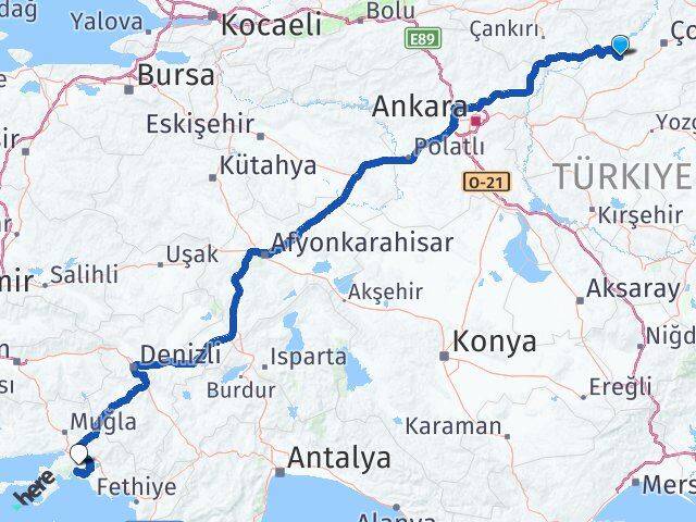 Çorum Uğurludağ Muğla Arası Kaç Km - Yol Haritası