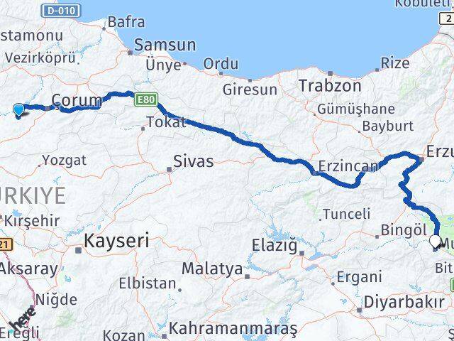 Çorum Uğurludağ Muş Arası Kaç Km - Yol Haritası