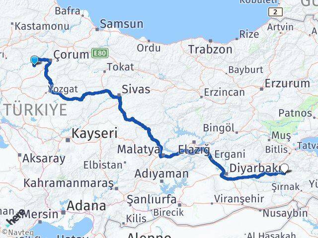 Çorum Uğurludağ Siirt Arası Kaç Km - Yol Haritası
