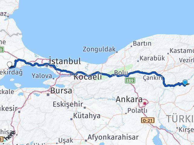 Çorum Uğurludağ Tekirdağ Arası Kaç Km - Yol Haritası