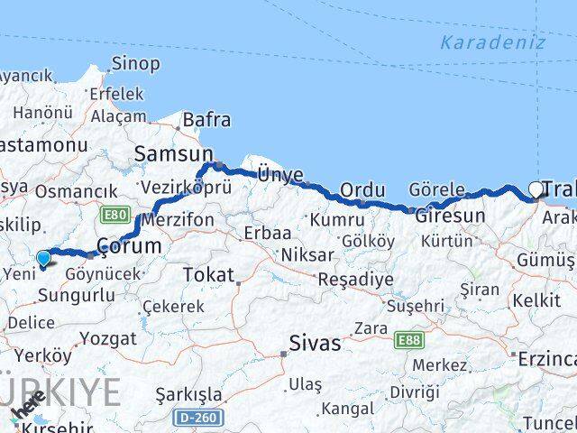 Çorum Uğurludağ Trabzon Arası Kaç Km - Yol Haritası