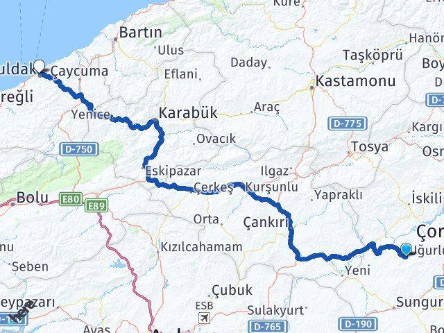 Çorum Uğurludağ Zonguldak Arası Kaç Km - Yol Haritası