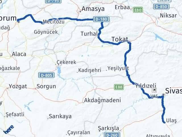 Çorum Ulaş Sivas Arası Kaç Km - Yol Haritası
