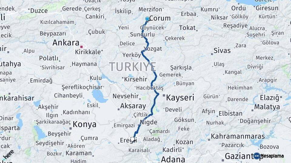 Çorum Ulukışla Niğde Arası Kaç Km - Yol Haritası