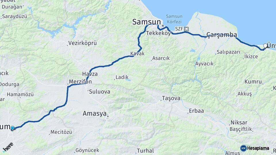 Çorum Ünye Ordu Arası Kaç Km - Yol Haritası
