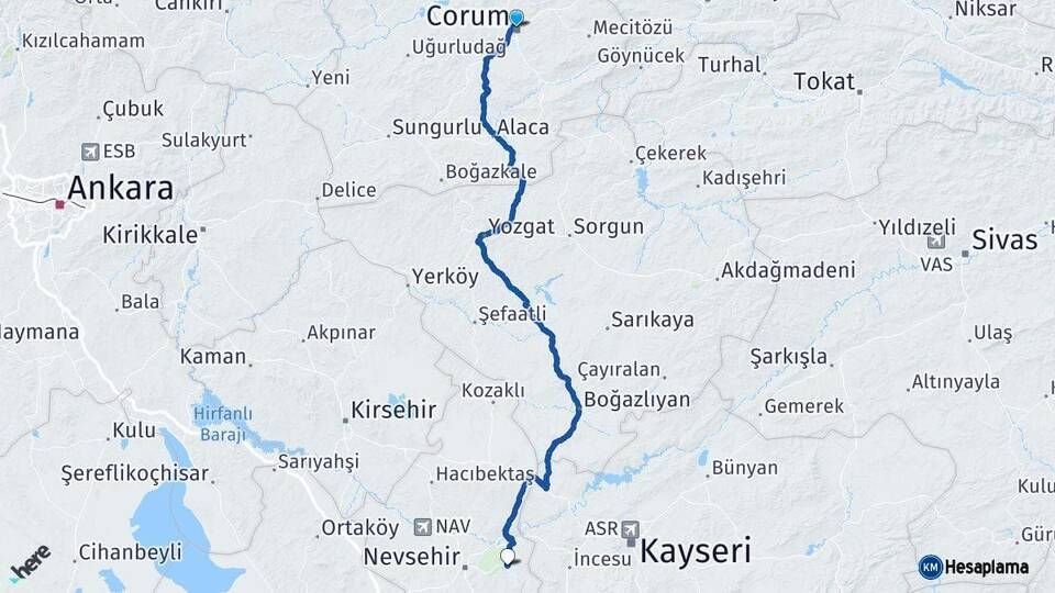 Çorum Ürgüp Nevşehir Arası Kaç Km - Yol Haritası