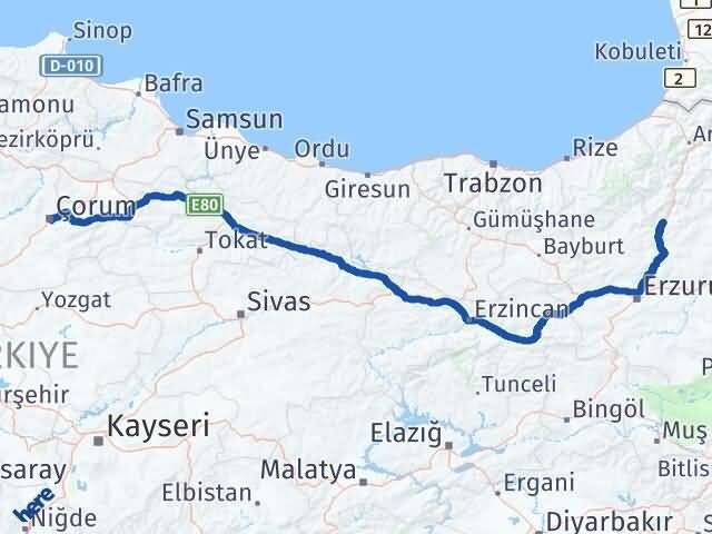 Çorum Uzundere Erzurum Arası Kaç Km - Yol Haritası
