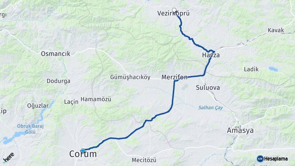 Çorum Vezirköprü Samsun Arası Kaç Km - Yol Haritası