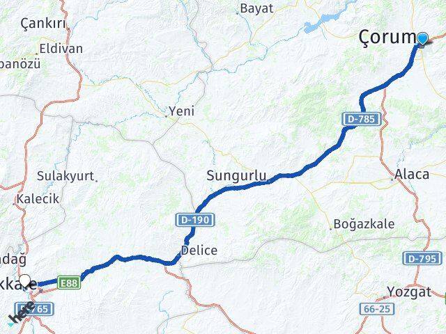 Çorum Yahşihan Kırıkkale Arası Kaç Km - Yol Haritası