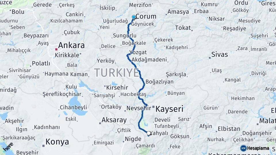 Çorum Yahyalı Arası Kaç Km - Yol Tarifi
