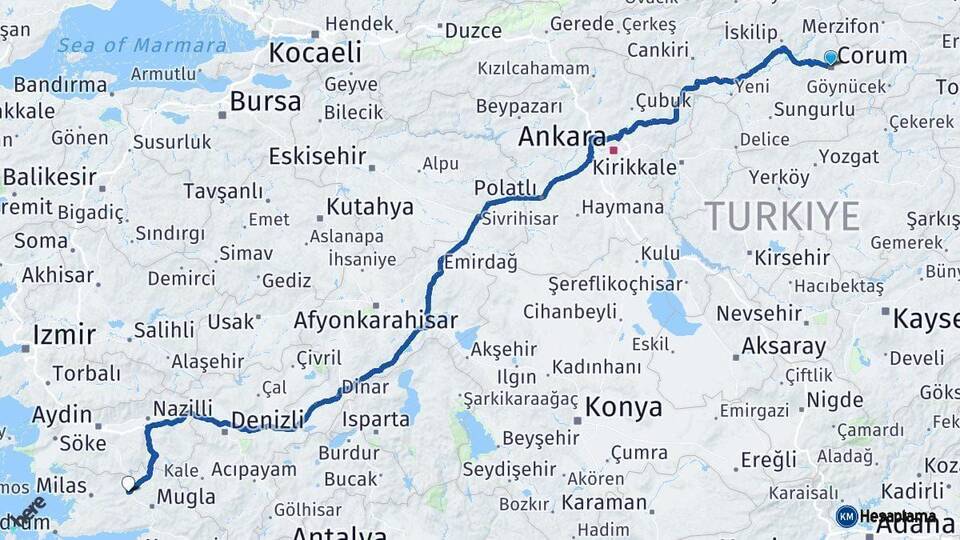 Çorum Yatağan Muğla Arası Kaç Km - Yol Haritası
