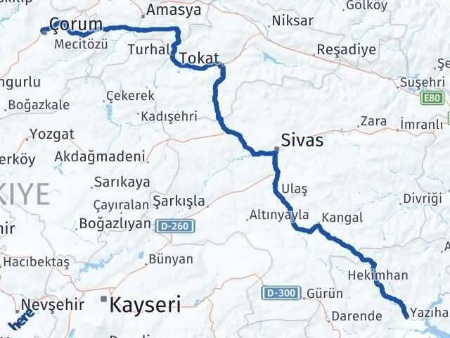 Çorum Yazıhan Malatya Arası Kaç Km - Yol Haritası