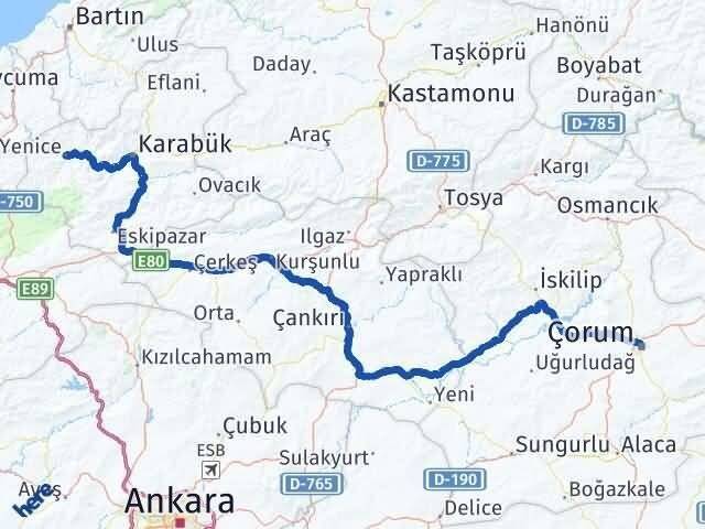 Çorum Yenice Karabük Arası Kaç Km - Yol Haritası