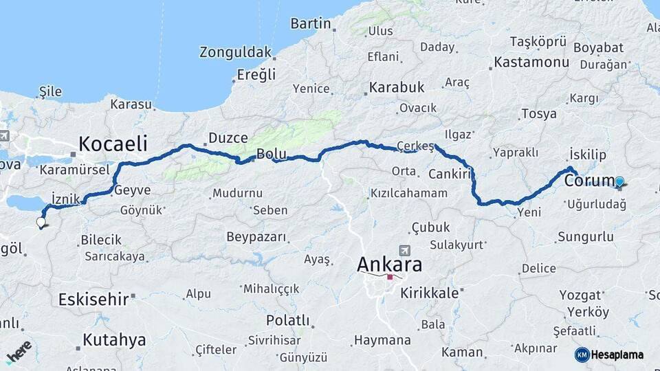 Çorum Yenişehir Bursa Arası Kaç Km - Yol Haritası