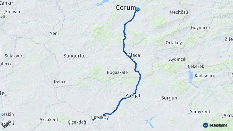 Çorum Yerköy Yozgat Arası Kaç Km - Yol Haritası