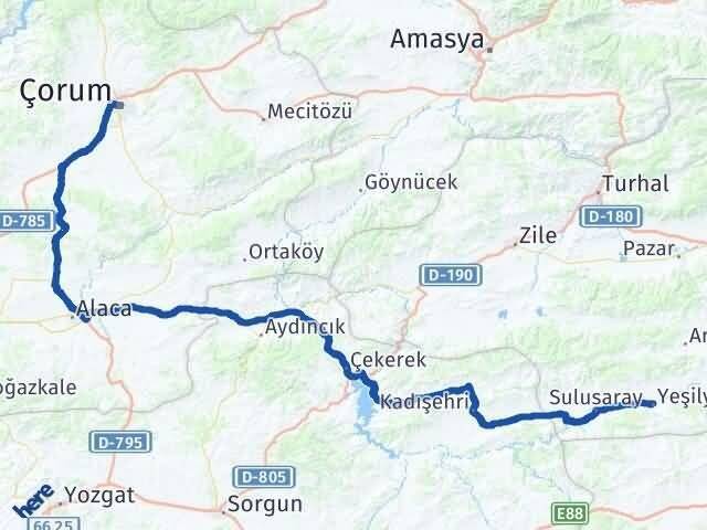 Çorum Yeşilyurt Tokat Arası Kaç Km - Yol Haritası