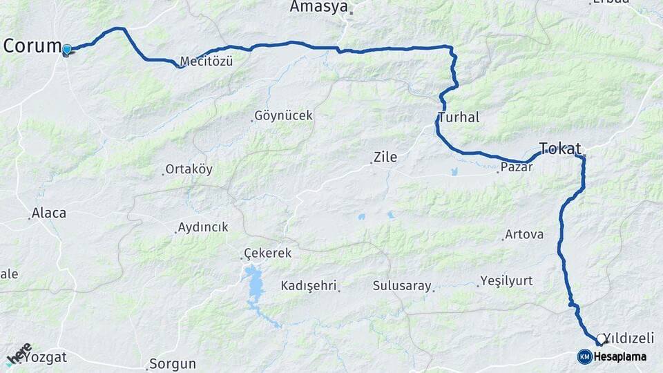 Çorum Yıldızeli Sivas Arası Kaç Km - Yol Haritası