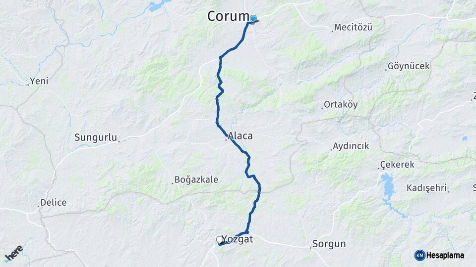 Çorum Yozgat Arası Kaç Km - Yol Haritası