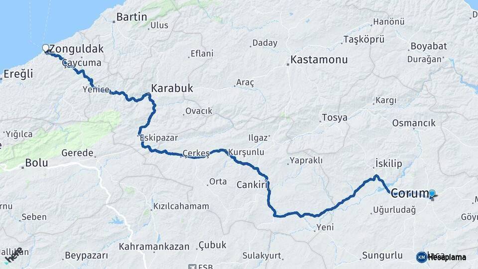 Çorum Zonguldak Arası Kaç Km - Yol Haritası