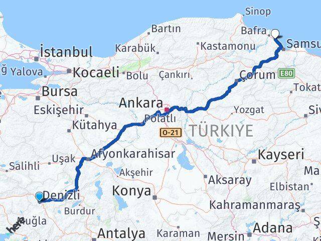 Denizli 19 Mayıs Samsun Arası Kaç Km - Yol Haritası