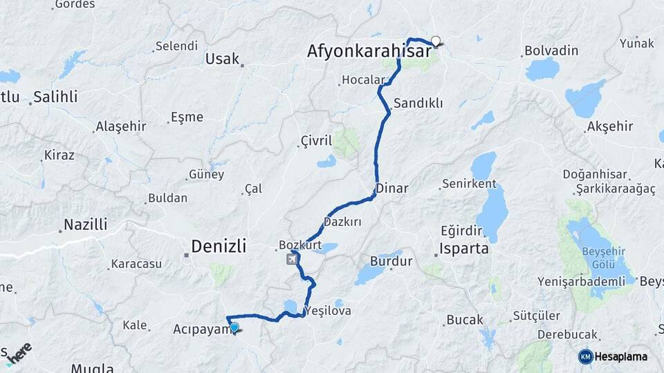 Denizli Acıpayam Afyonkarahisar Arası Kaç Km - Yol Haritası