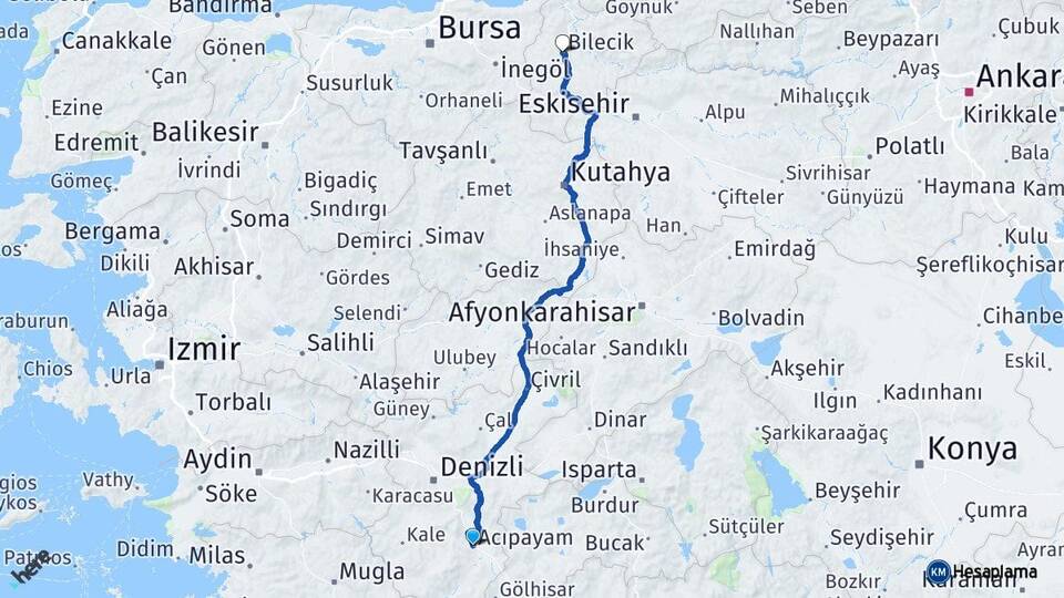 Denizli Acıpayam Bilecik Arası Kaç Km - Yol Haritası