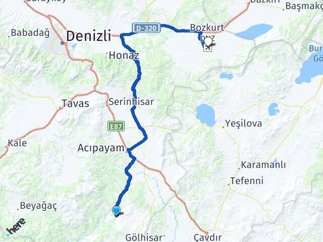 Boğazdere Çardak Havalimanı Arası Kaç Km - Yol Tarifi