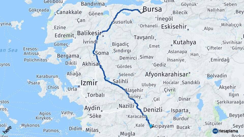 Denizli Acıpayam Bursa Arası Kaç Km - Yol Haritası