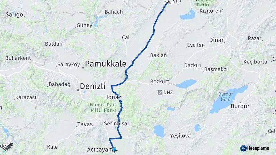 Denizli Acıpayam Çivril Arası Kaç Km - Yol Haritası