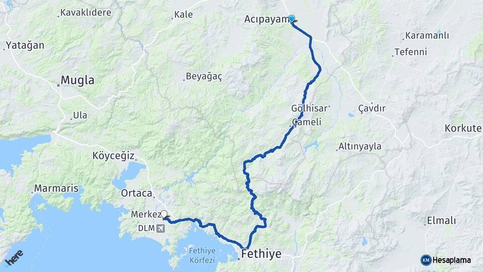 Denizli Acıpayam Dalaman Muğla Arası Kaç Km - Yol Haritası