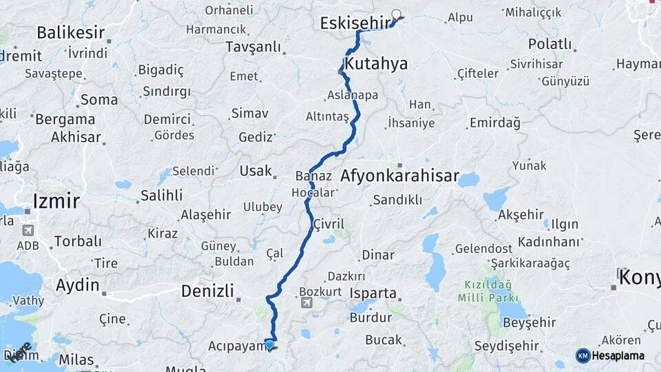 Denizli Acıpayam Eskişehir Arası Kaç Km - Yol Haritası