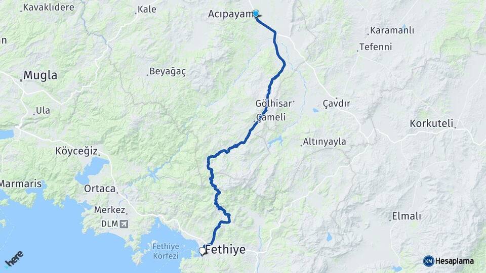 Denizli Acıpayam Fethiye Muğla Arası Kaç Km - Yol Haritası