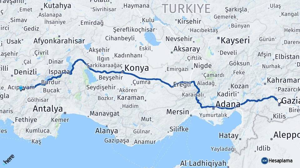 Denizli Acıpayam Gaziantep Arası Kaç Km - Yol Haritası