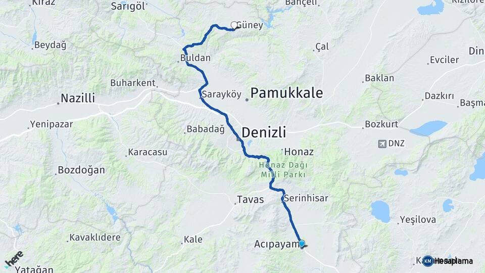 Denizli Acıpayam Güney Arası Kaç Km - Yol Haritası