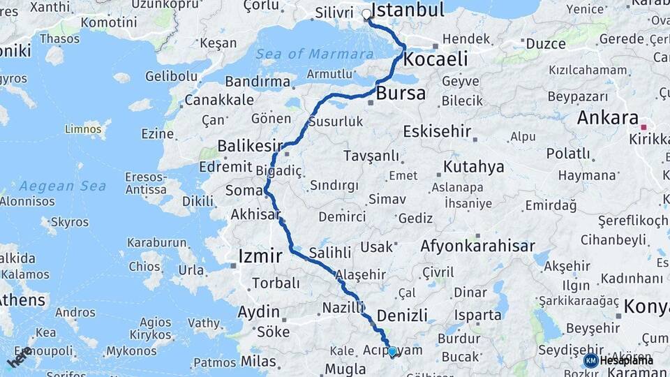 Denizli Acıpayam İstanbul Arası Kaç Km - Yol Haritası
