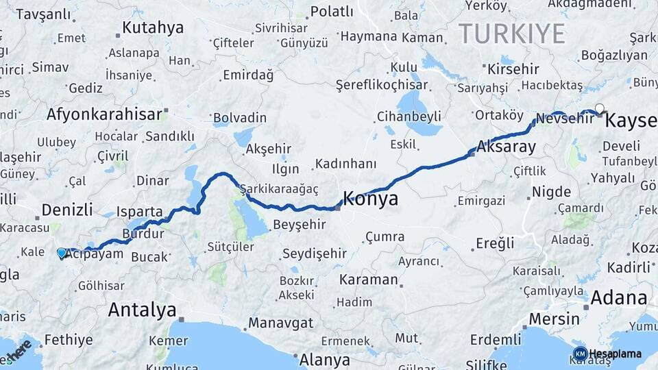 Denizli Acıpayam Kayseri Arası Kaç Km - Yol Haritası