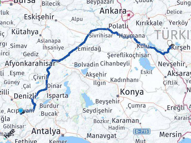 Denizli Acıpayam Kırşehir Arası Kaç Km - Yol Haritası