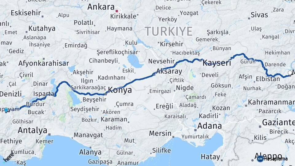 Denizli Acıpayam Malatya Arası Kaç Km - Yol Haritası