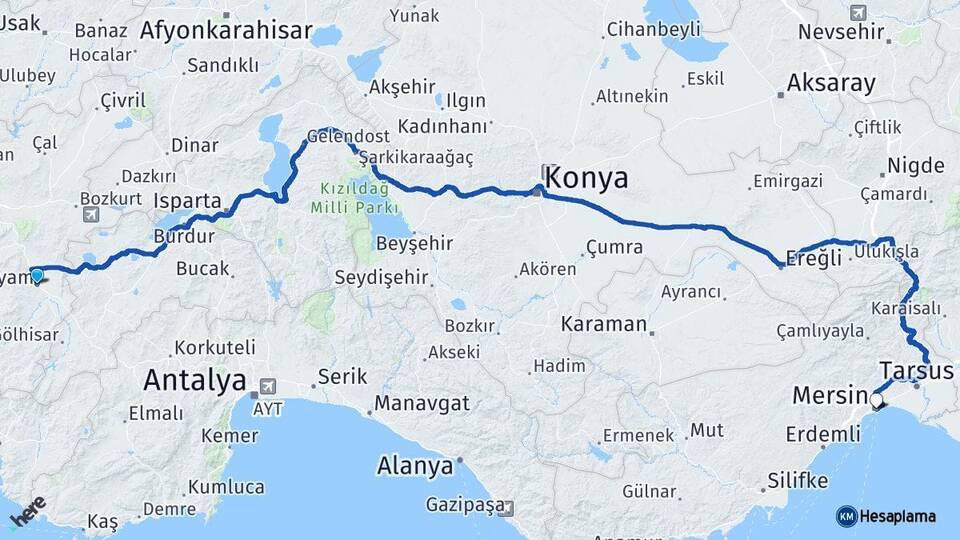 Denizli Acıpayam Mersin Arası Kaç Km - Yol Haritası