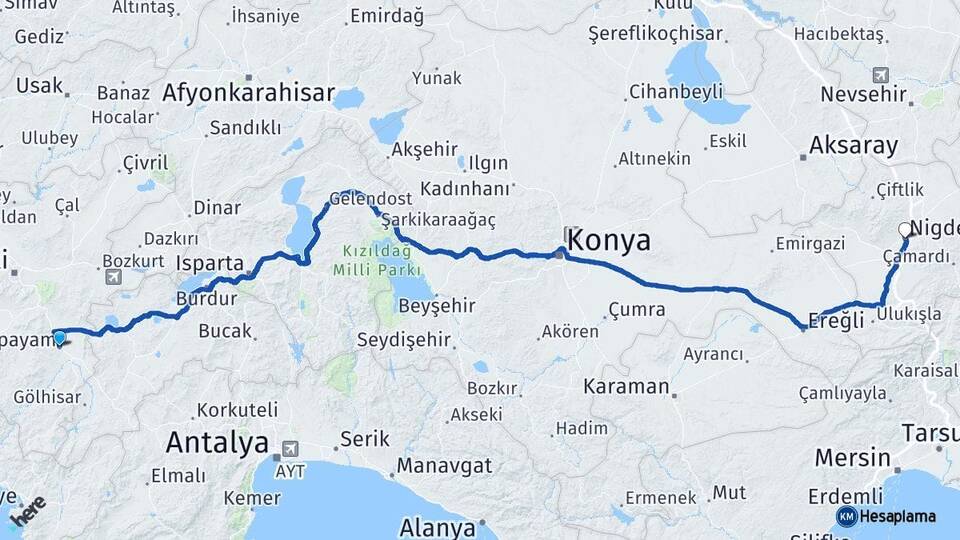Denizli Acıpayam Niğde Arası Kaç Km - Yol Haritası