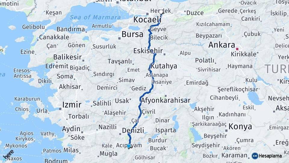 Denizli Acıpayam Sakarya Arası Kaç Km - Yol Haritası