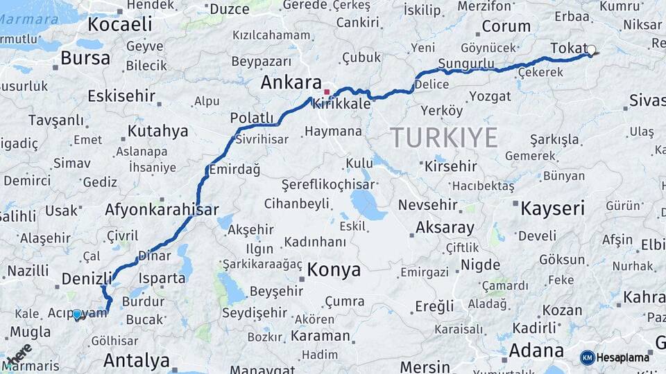 Denizli Acıpayam Tokat Arası Kaç Km - Yol Haritası