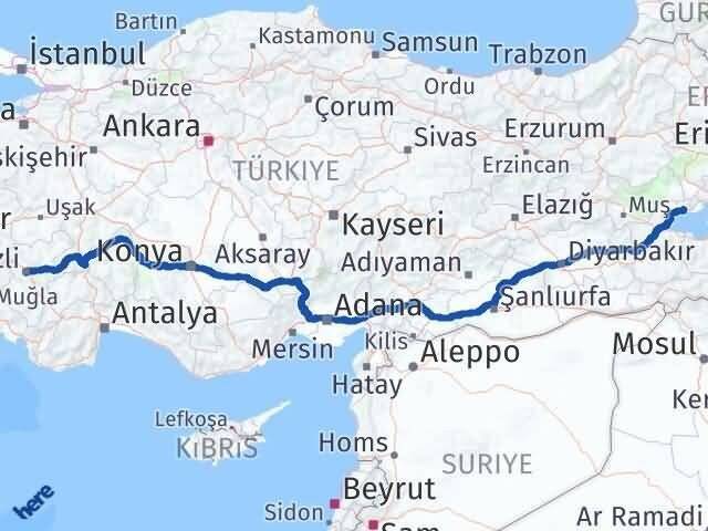 Denizli Adilcevaz Bitlis Arası Kaç Km - Yol Haritası