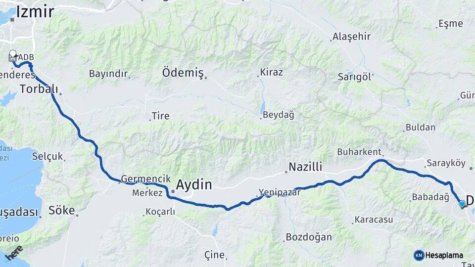 Denizli Adnan Menderes Havalimanı Arası Kaç Km - Yol Haritası