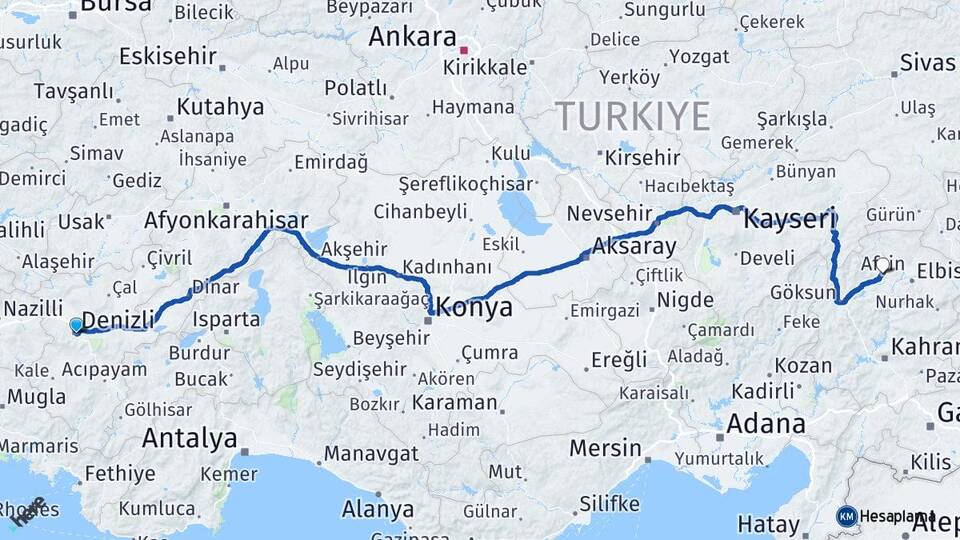 Denizli Afşin Kahramanmaraş Arası Kaç Km - Yol Haritası