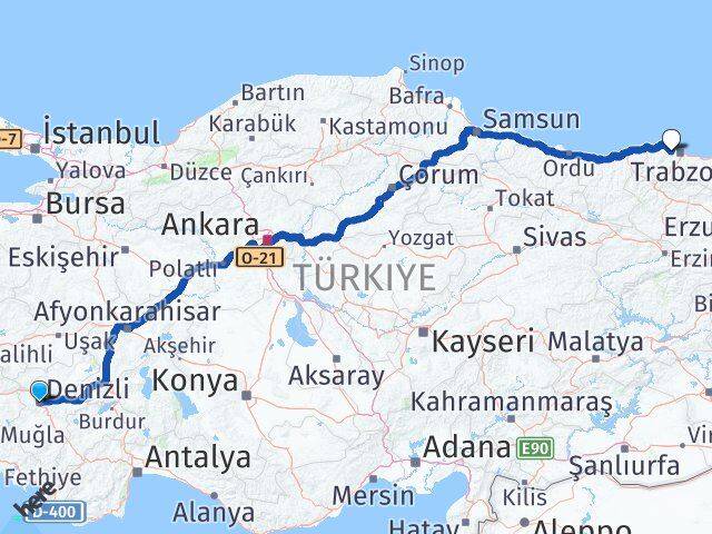 Denizli Akçaabat Trabzon Arası Kaç Km - Yol Haritası