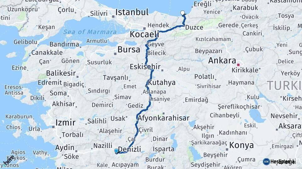 Denizli Akçakoca Düzce Arası Kaç Km - Yol Haritası